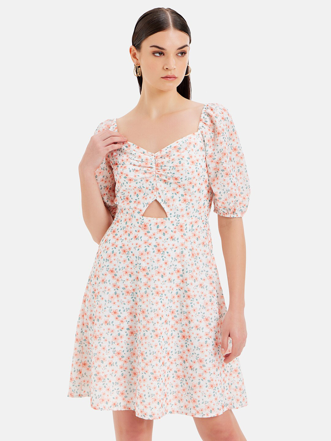 Kazo Floral Printed Sweetheart Neck Puff Sleeve Satin Cut-Out Fit & Flare Casual Dress