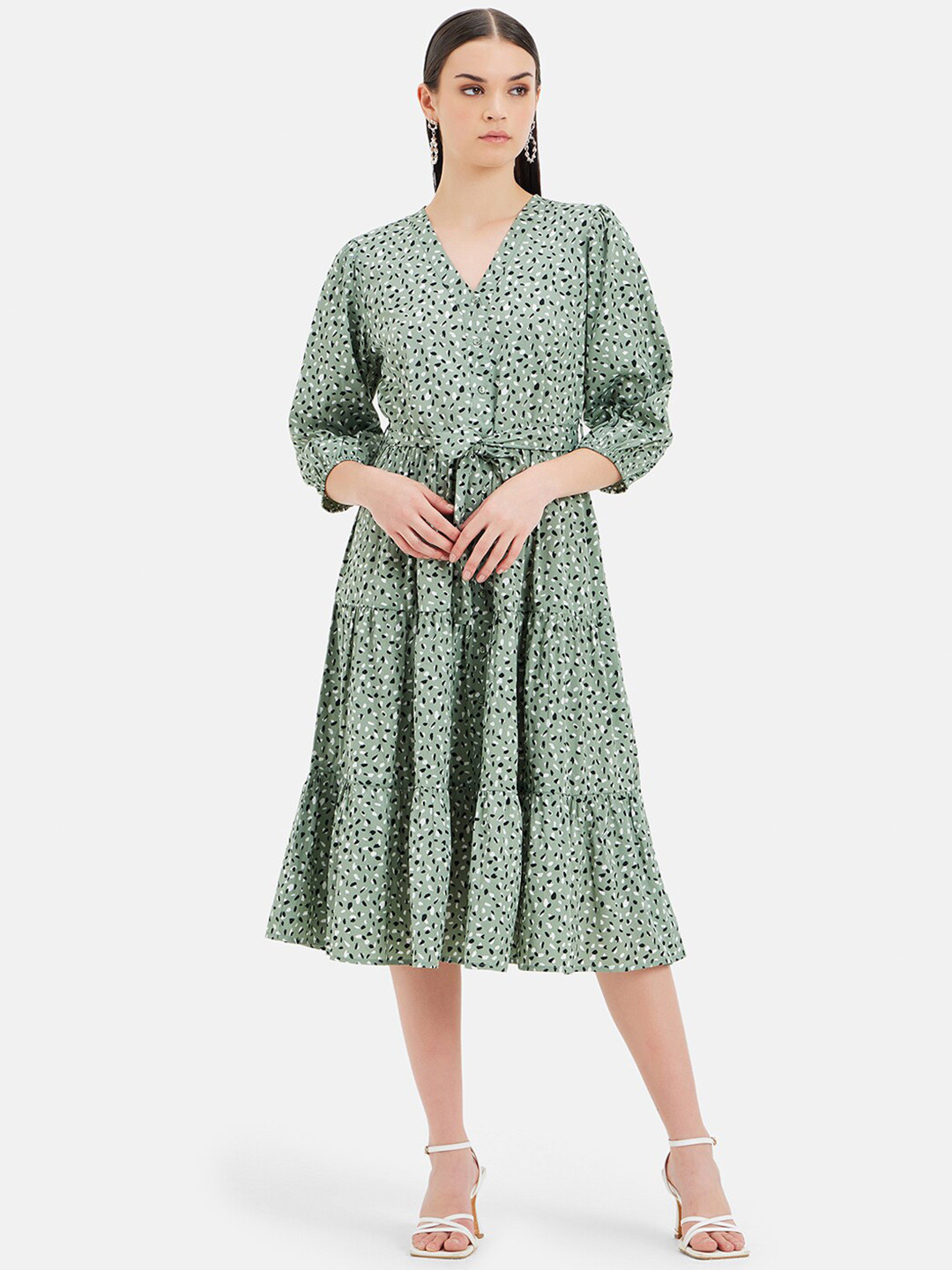 Kazo Floral Print Abstract Printed V-Neck Satin Tie-Up Fit & Flare Midi Opaque Casual Dress