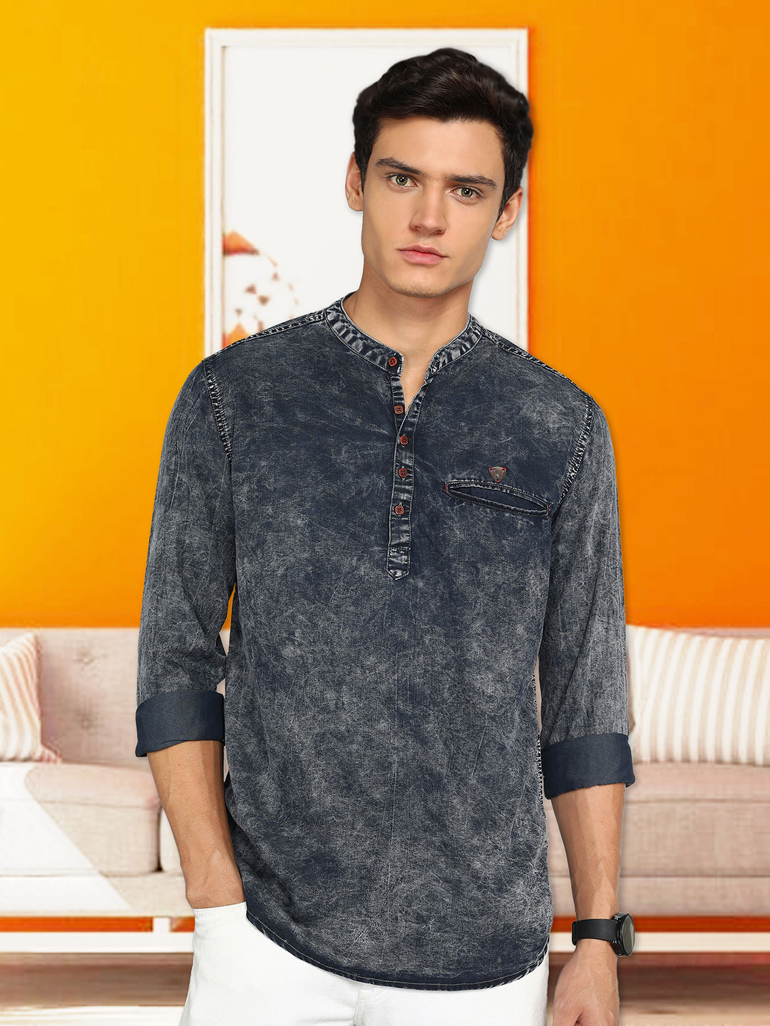 Kuons Avenue Thread Work Indigo Mandarin Collar Denim Straight Short Kurta