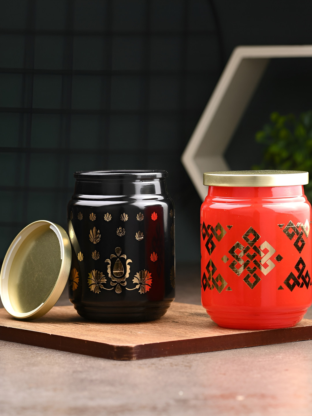 Afast Black Argyle Glass Dishwasher Safe 2 Piece Screw Top Canister-750ml