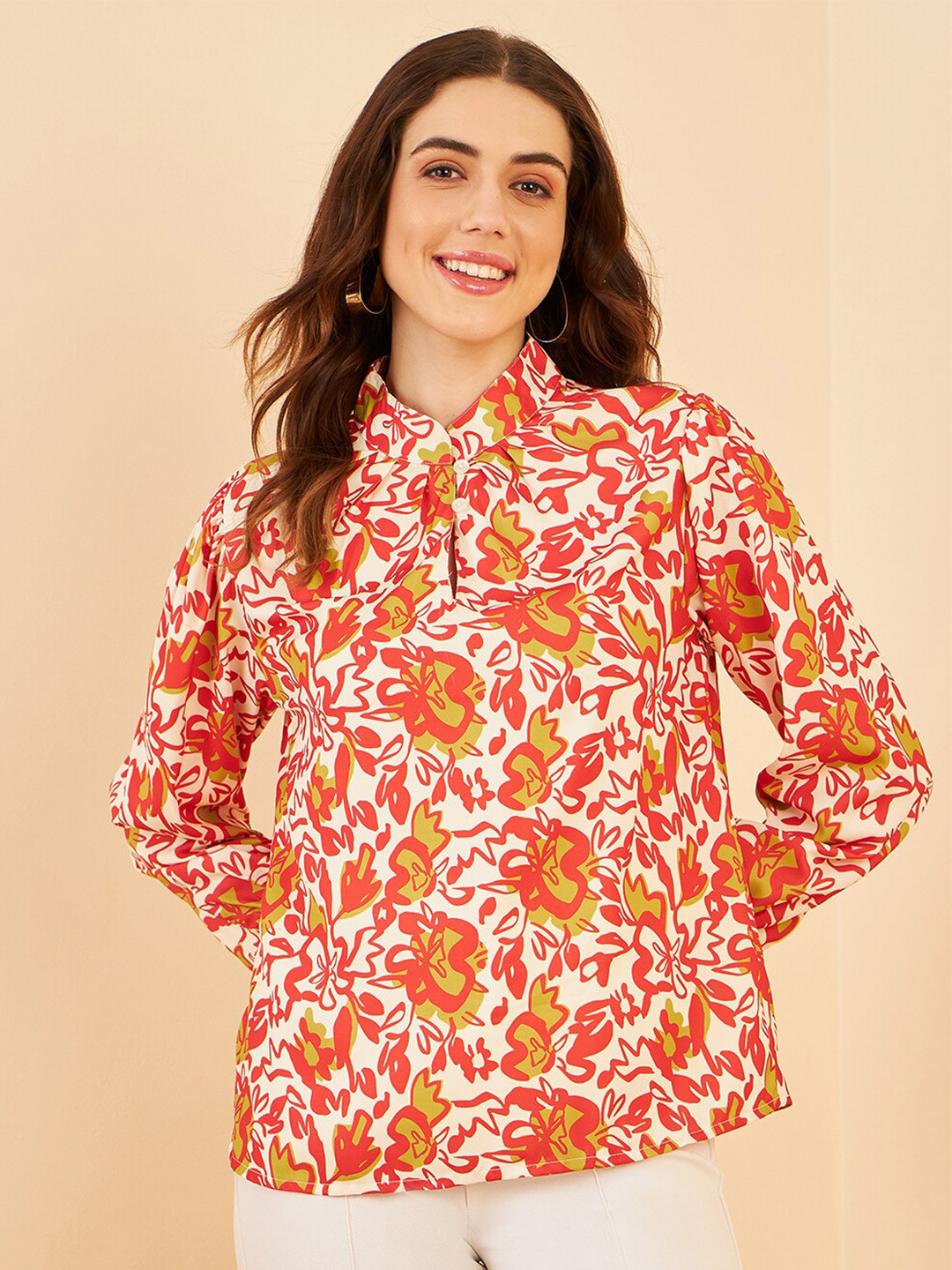 Marie Claire Red & White Printed Band Collar Cuffed Sleeves Shirt Style Top