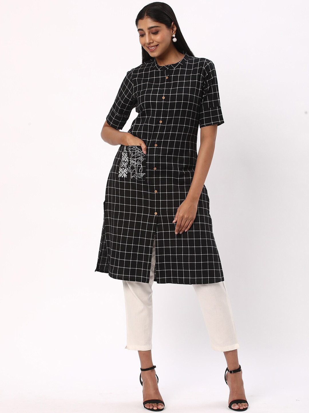 R&B Checked Thread Work Mandarin Collar Pure Cotton Straight Kurta