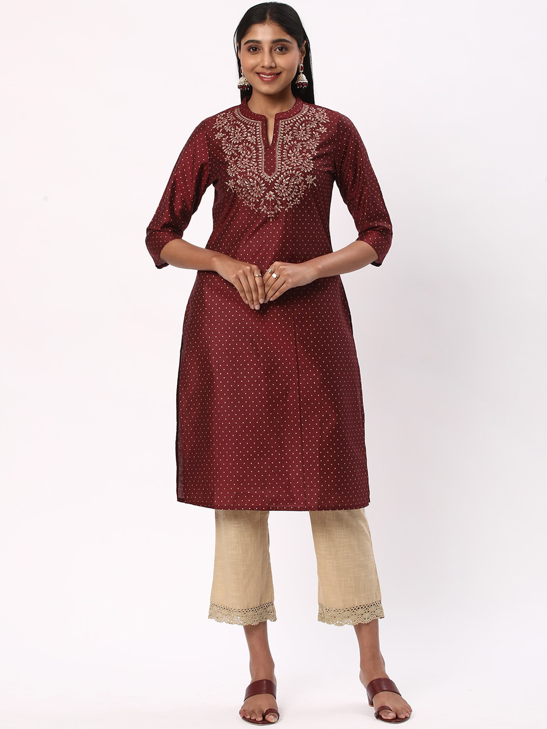 R&B Women Polka Dot Printed Thread Work A-Line Kurta