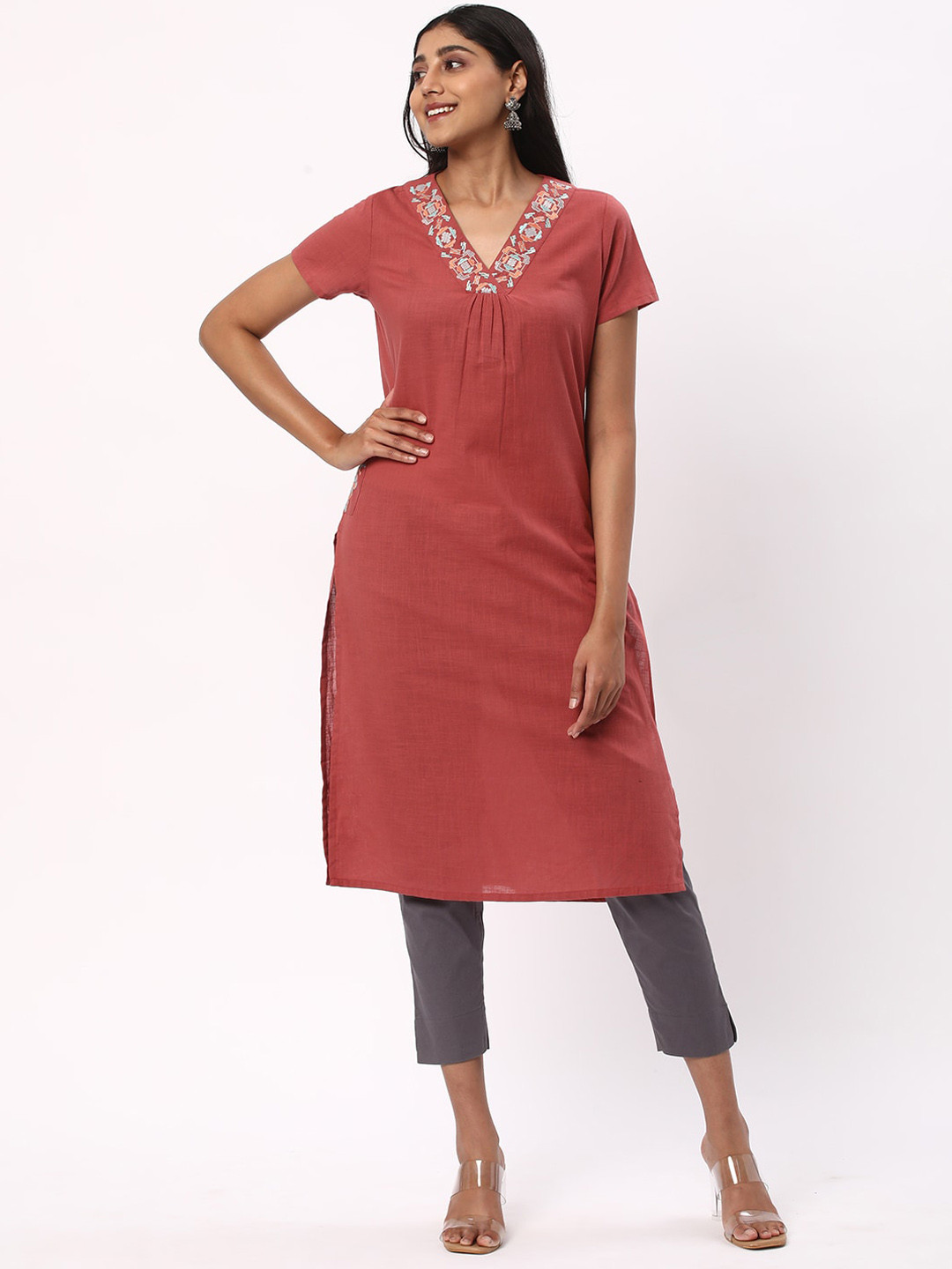 R&B V-Neck Thread Work Cotton Kurta
