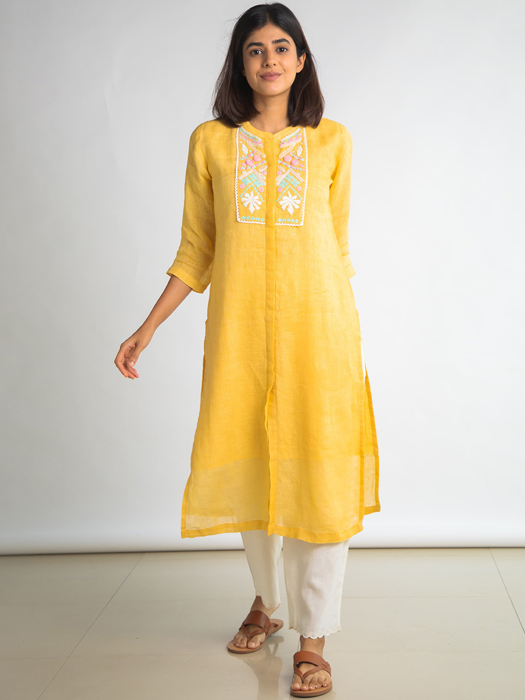 Bombay Bloom Floral Embroidered Thread Work Linen Straight Kurta