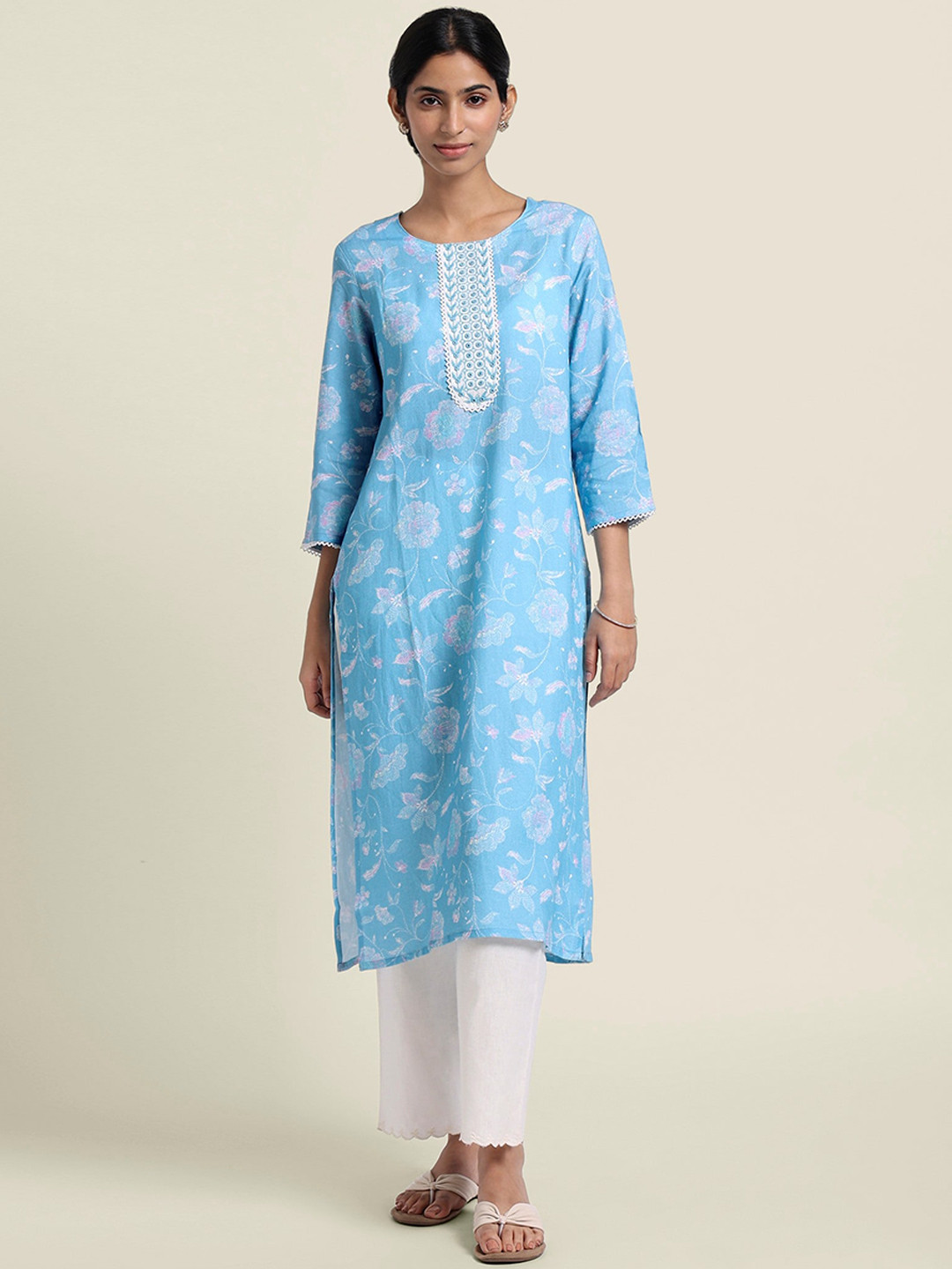 Bombay Bloom Floral Printed Thread Work Linen Straight Kurta