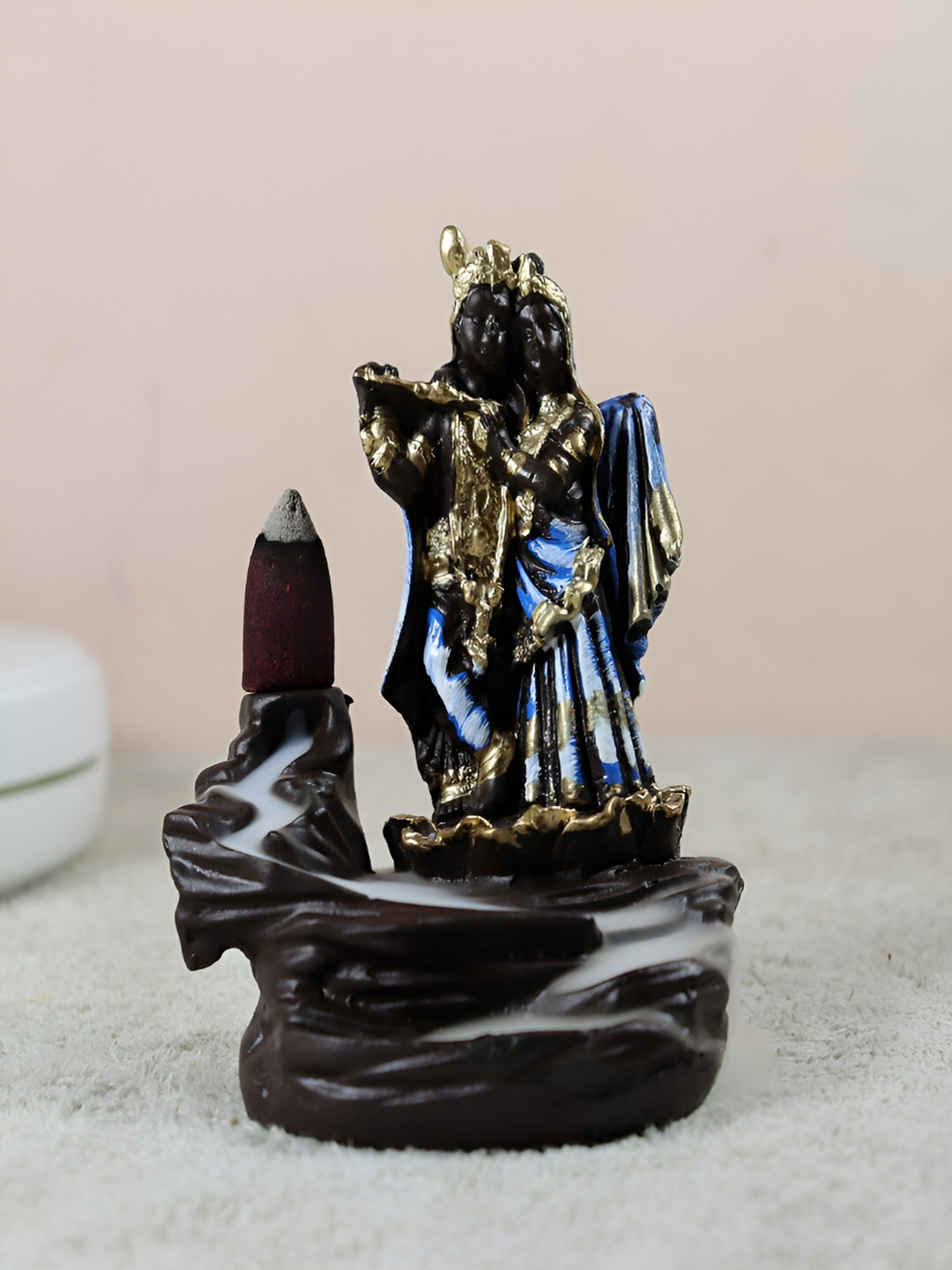 CRAFTAM Blue Radha Krishna Polyresin Fountain With 10 Cone Incense Holder