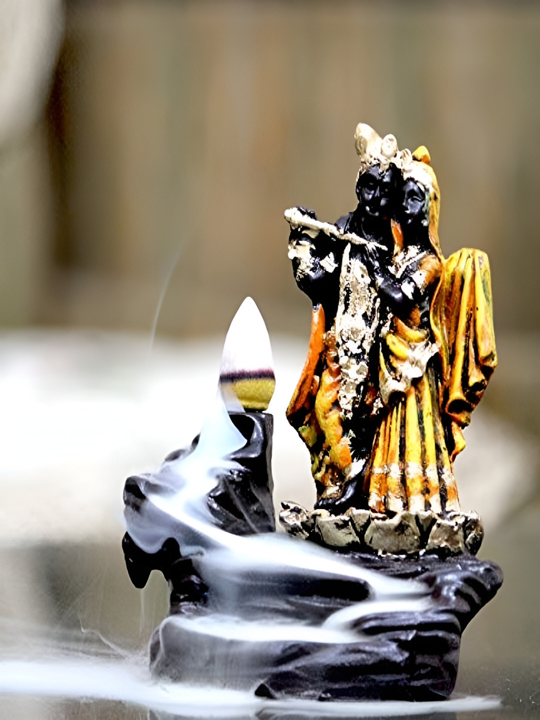 CRAFTAM Black & Orange Radha Krishna Smoke Backflow Fountain Incense Holder with 10Cones