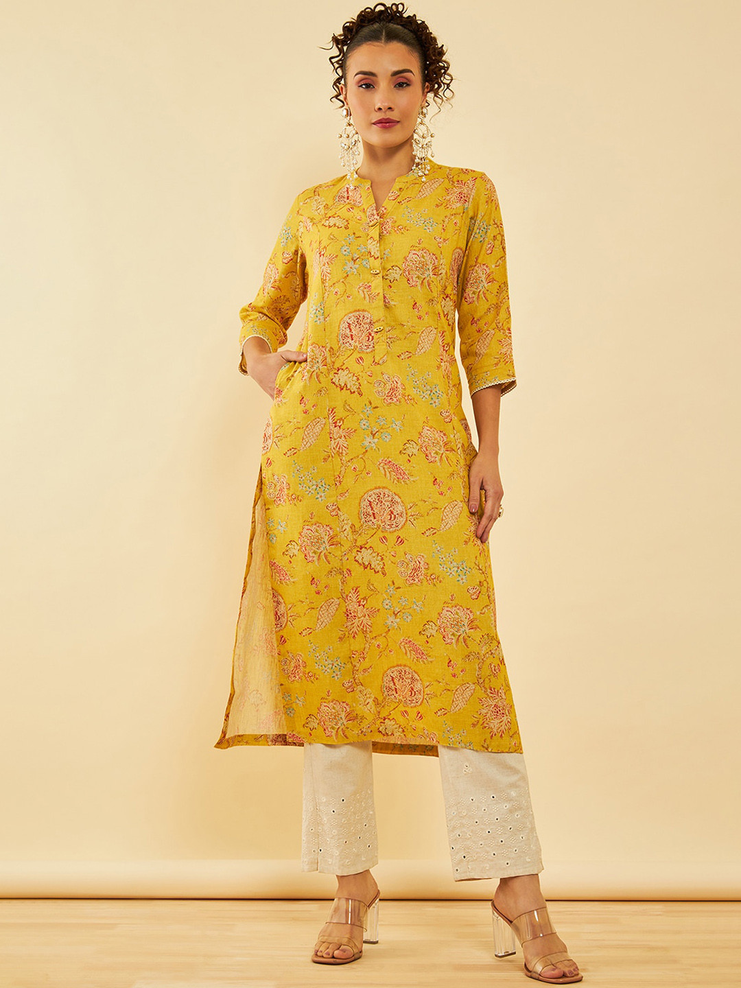 Soch Mustared Yellow & Red Floral Printed Mandarin Collar Linen Straight Kurta