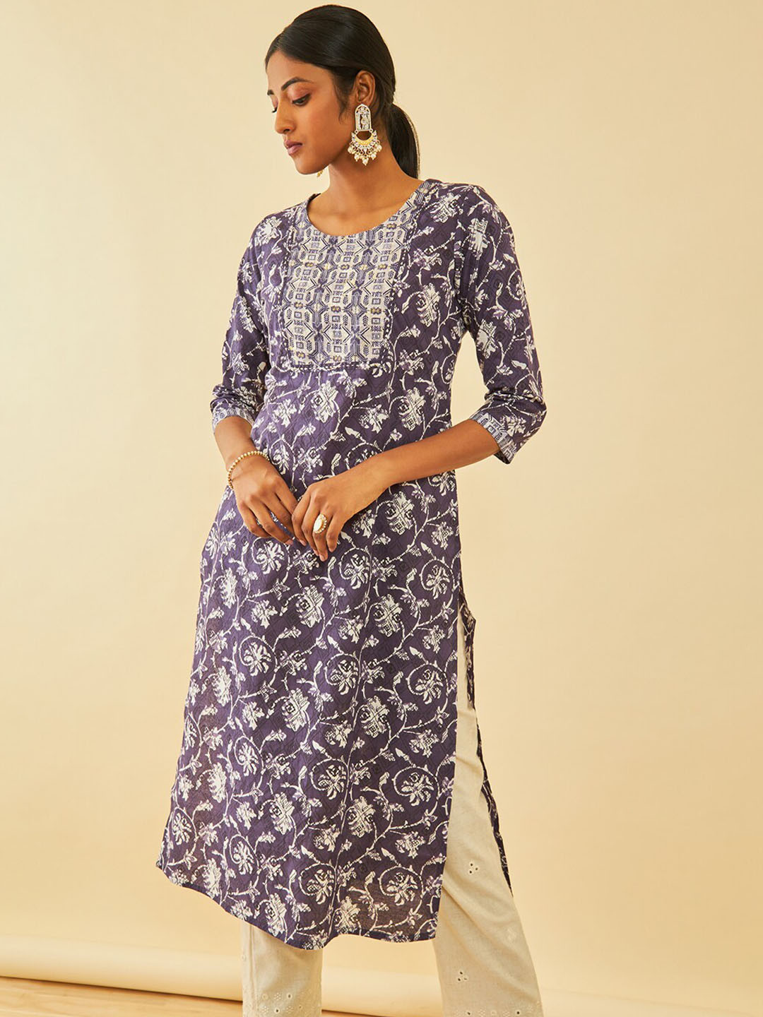 Soch Cotton Ajrak Print Kurta With Thread Work