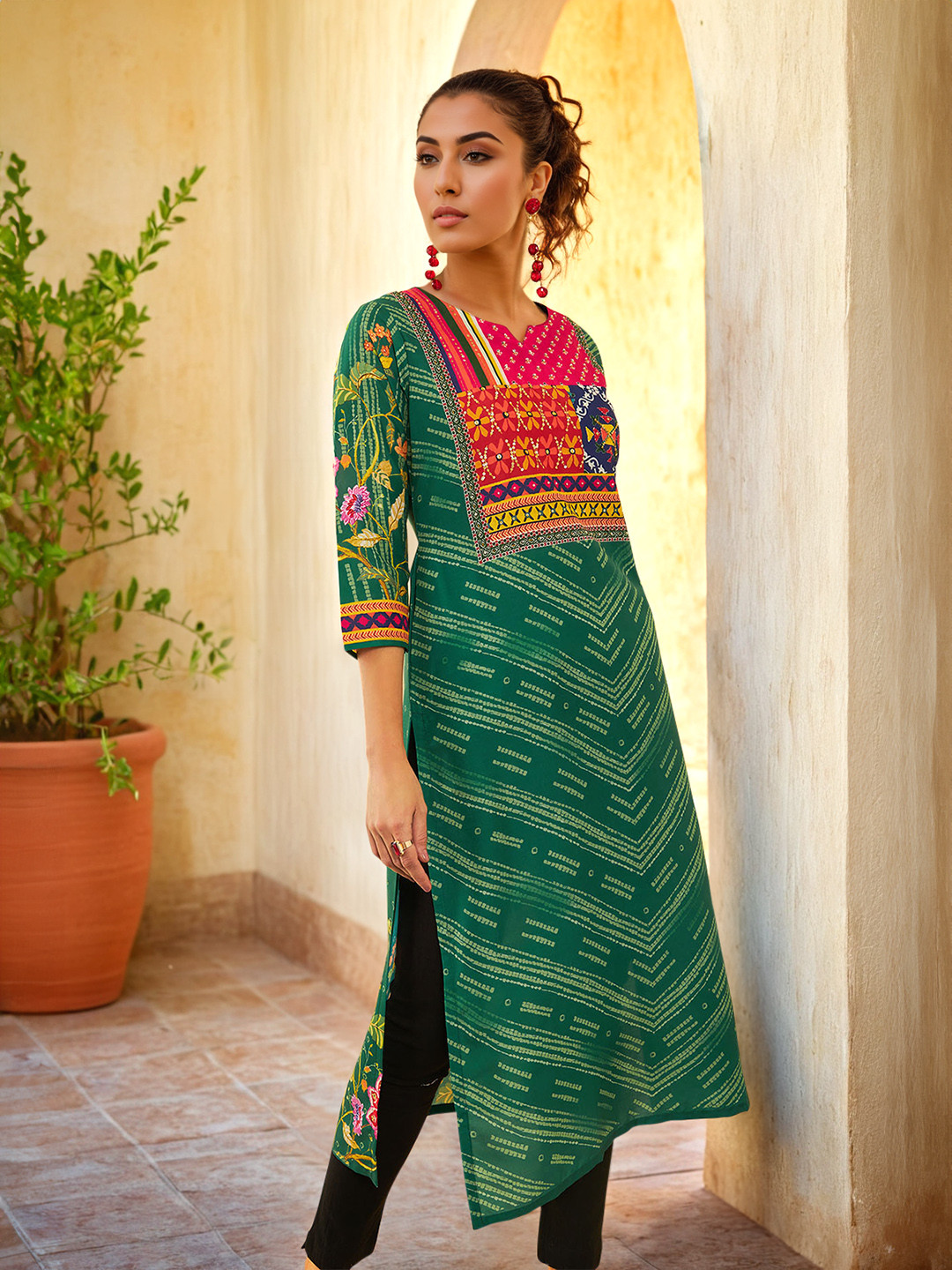 Soch Yoke Design Notch Neck Three Quarter Sleeves Patch Work A-Line Kurta