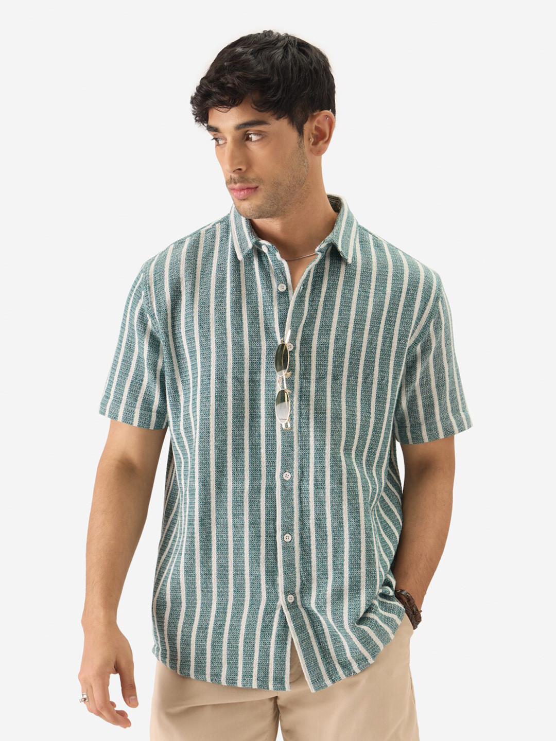 The Souled Store Men Stripes Green Green Regular Fit Textured Shirt