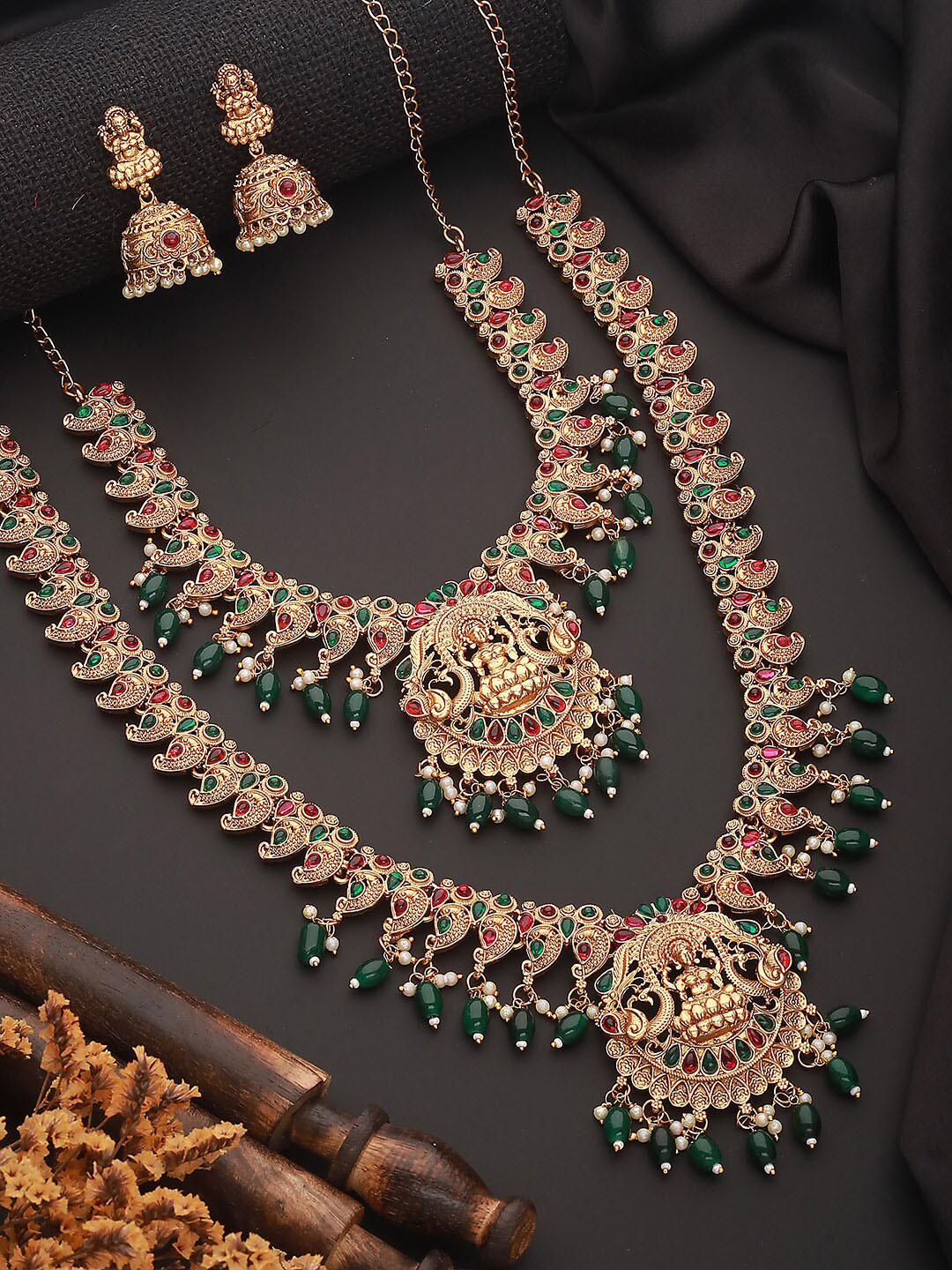Jazz and Sizzle Gold-Plated Stones Studded & Beads Beaded Temple Necklace With Earrings