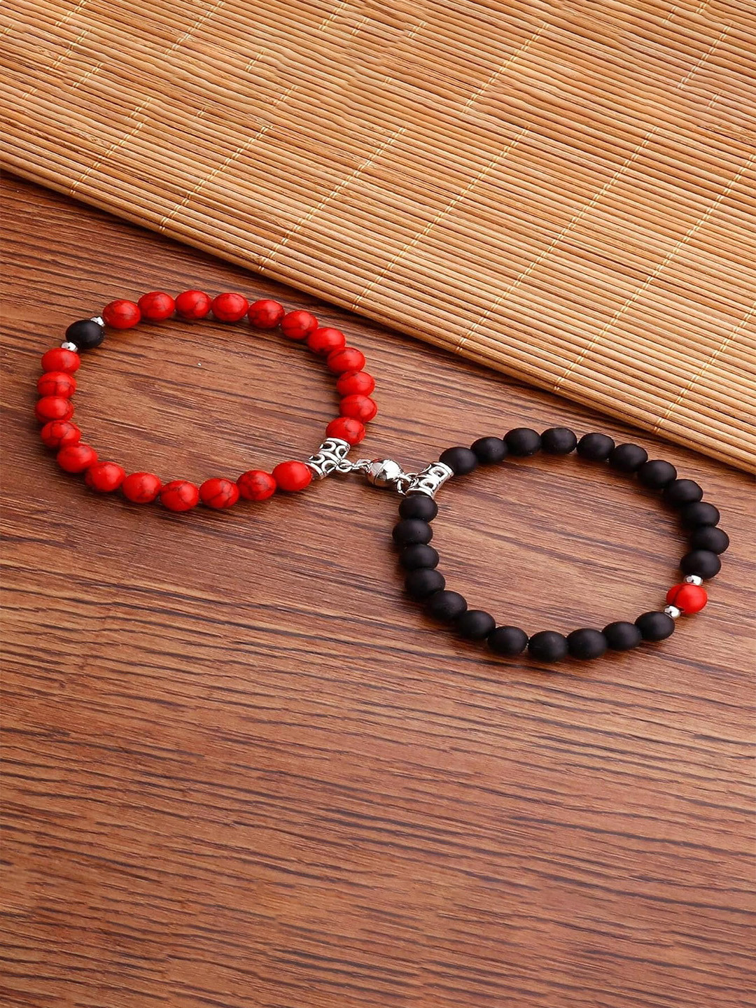 MEENAZ Unisex Set of 2 Stainless Steel Antique Silver Plated Beaded Elasticated Bracelets