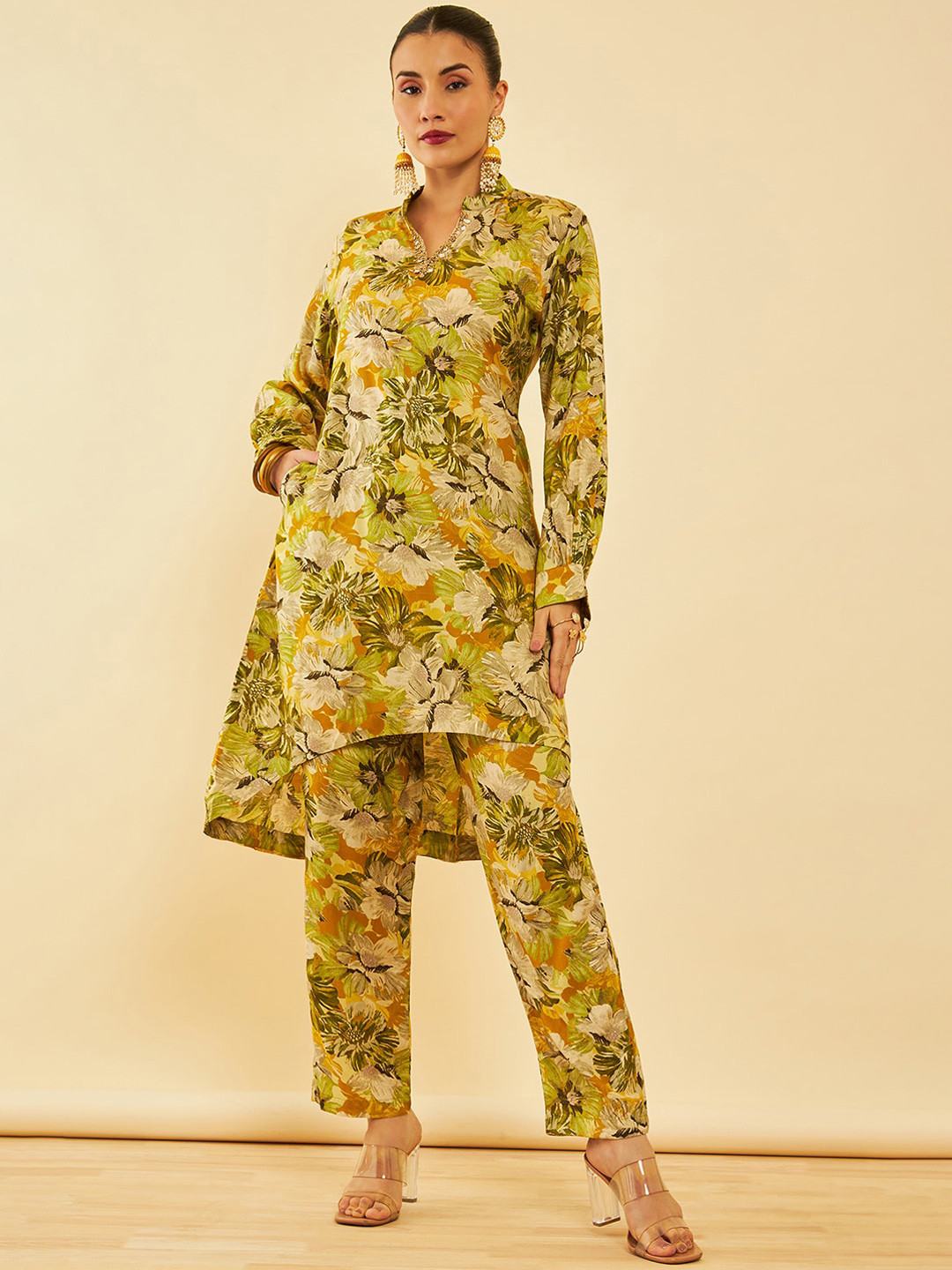 Soch Floral Printed Muslin Regular Mirror Work Kurta with Trousers