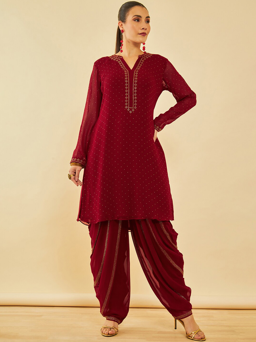 Soch Red Ethnic Motifs Yoke Design Beads and Stones Georgette Kurta With Salwar & Dupatta