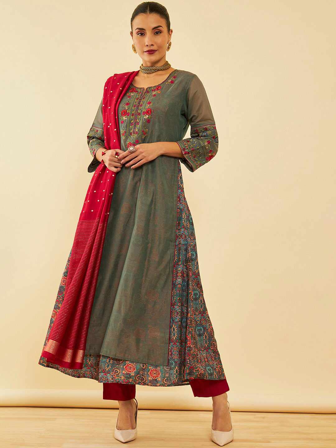 Soch Grey Floral Embroidered Layered Thread Work A-Line Kurta With Trousers & Dupatta