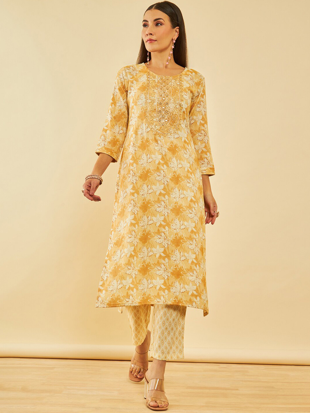 Soch Mustared Yellow & Beige Floral Printed Straight Kurta with Trousers