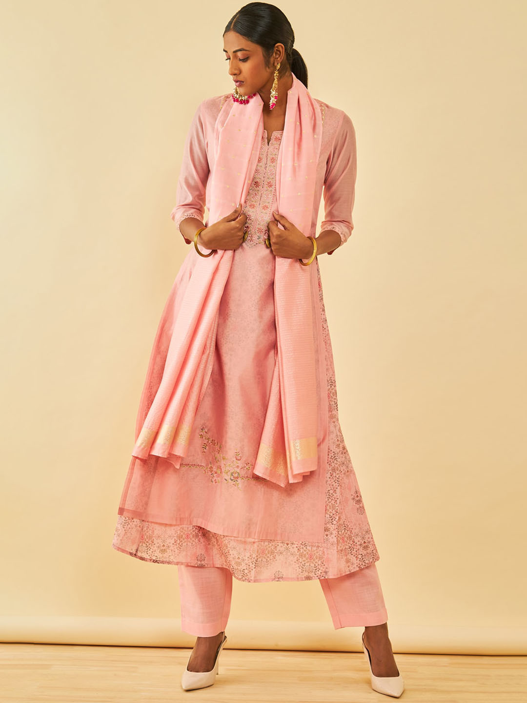 Soch Peach Floral Embroidered Thread Work Layered A-Line Kurta With Trousers & Dupatta