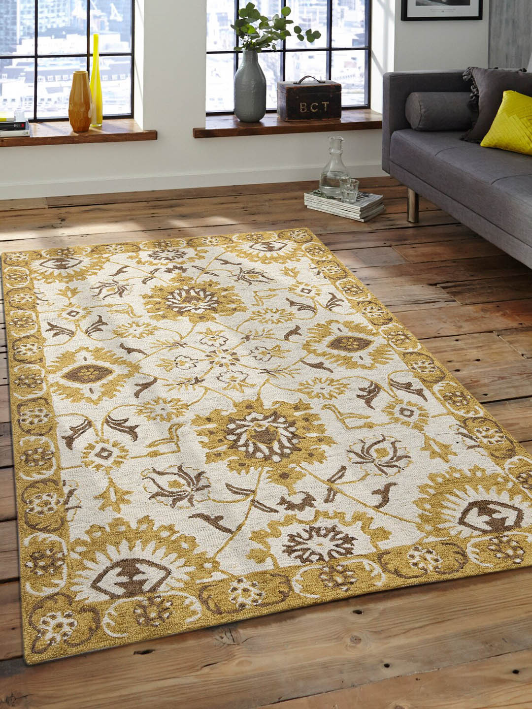 saraswatii global Gold-Toned Floral Hand-Tufted Wool Carpets