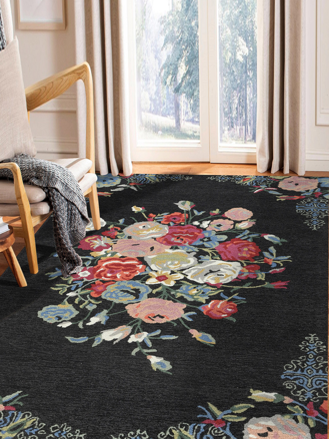 saraswatii global Black & Red Floral Printed Woolen Rectangle Carpet