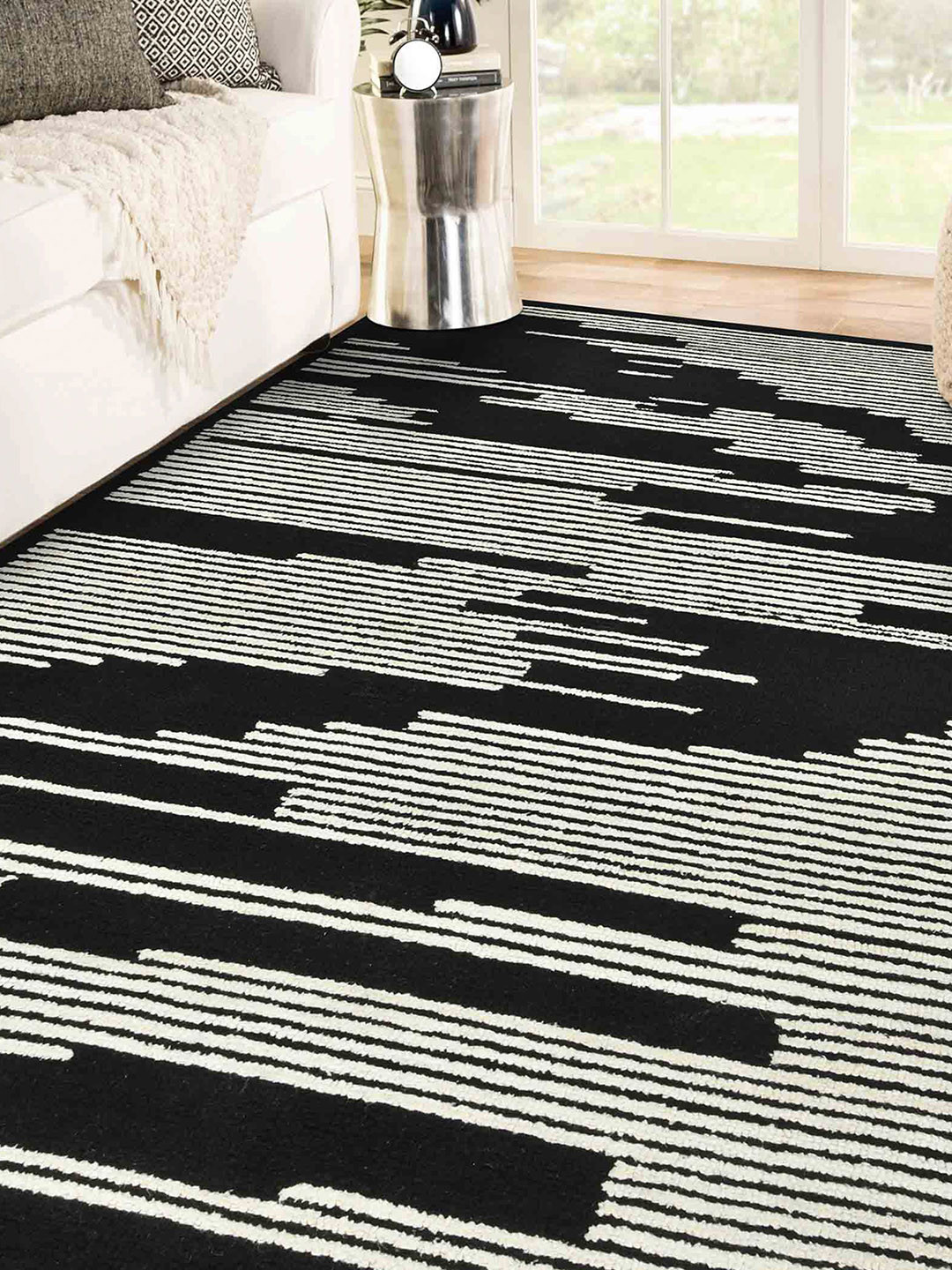 saraswatii global Black & Beige Striped Printed Woolen Rectangle Carpet