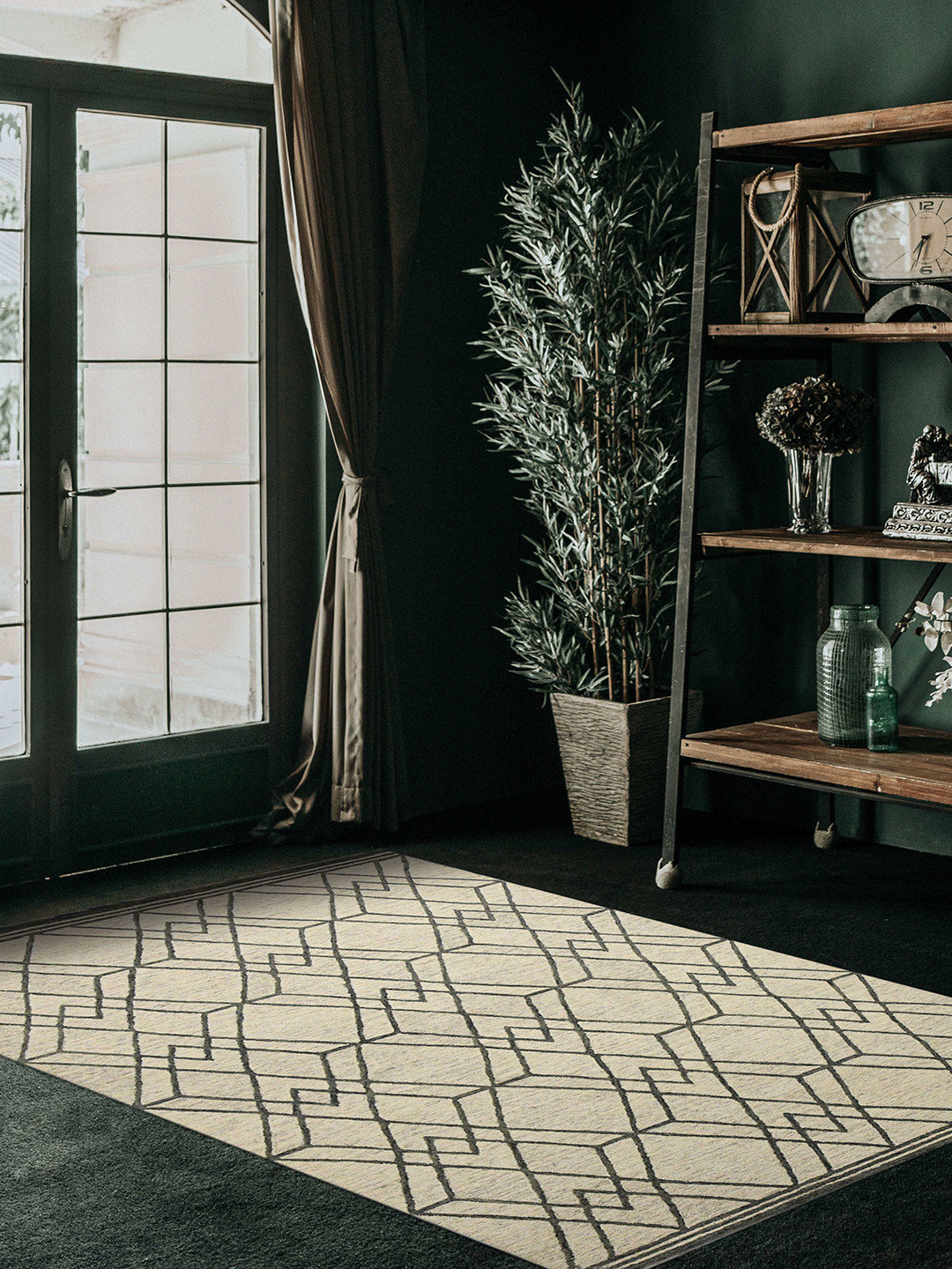 saraswatii global Off White & Grey Geometric Printed Woolen Rectangle Carpet