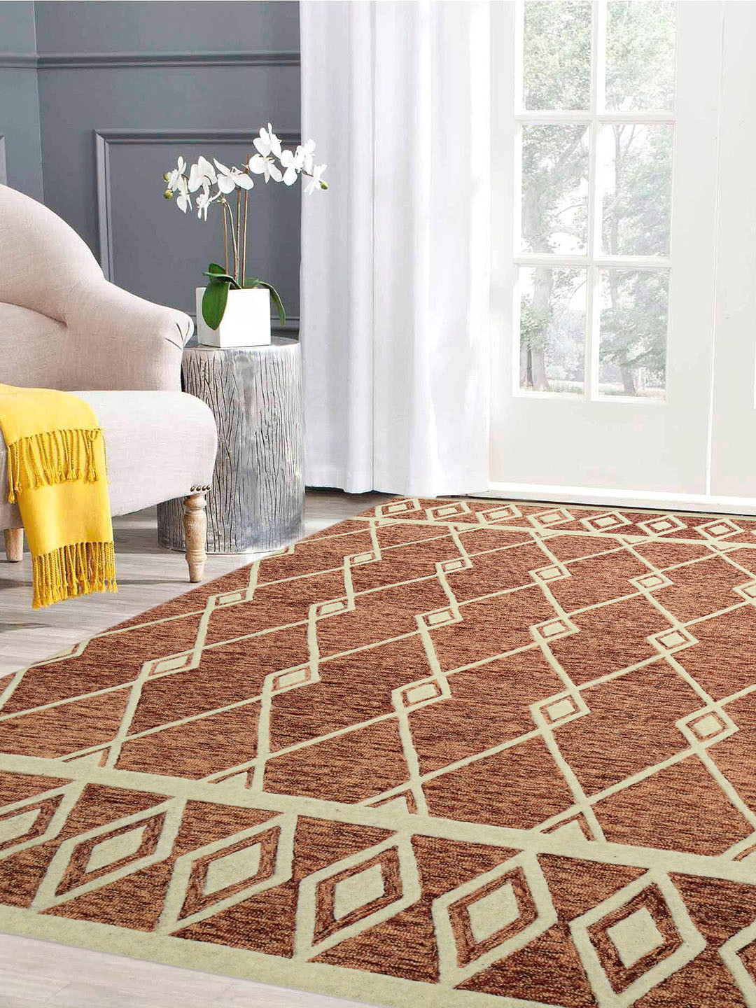 saraswatii global Rust & Beige Geometric Printed Woolen Rectangle Carpet