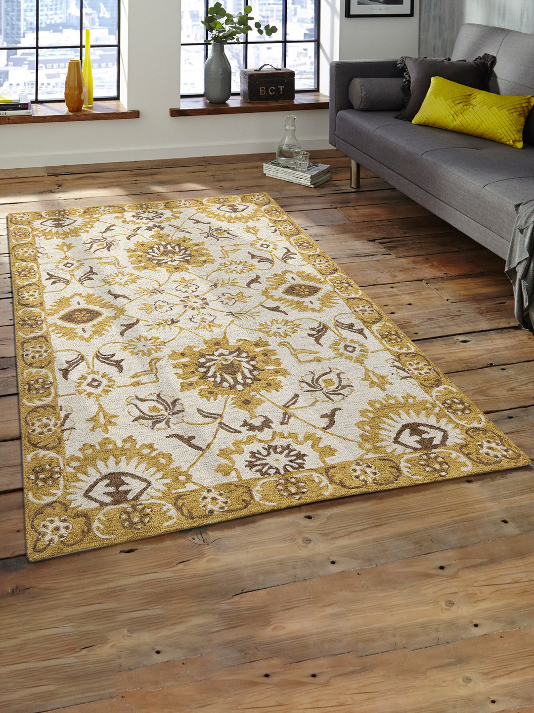 saraswatii global Gold Toned & Beige Floral Printed Woolen Rectangle Carpet