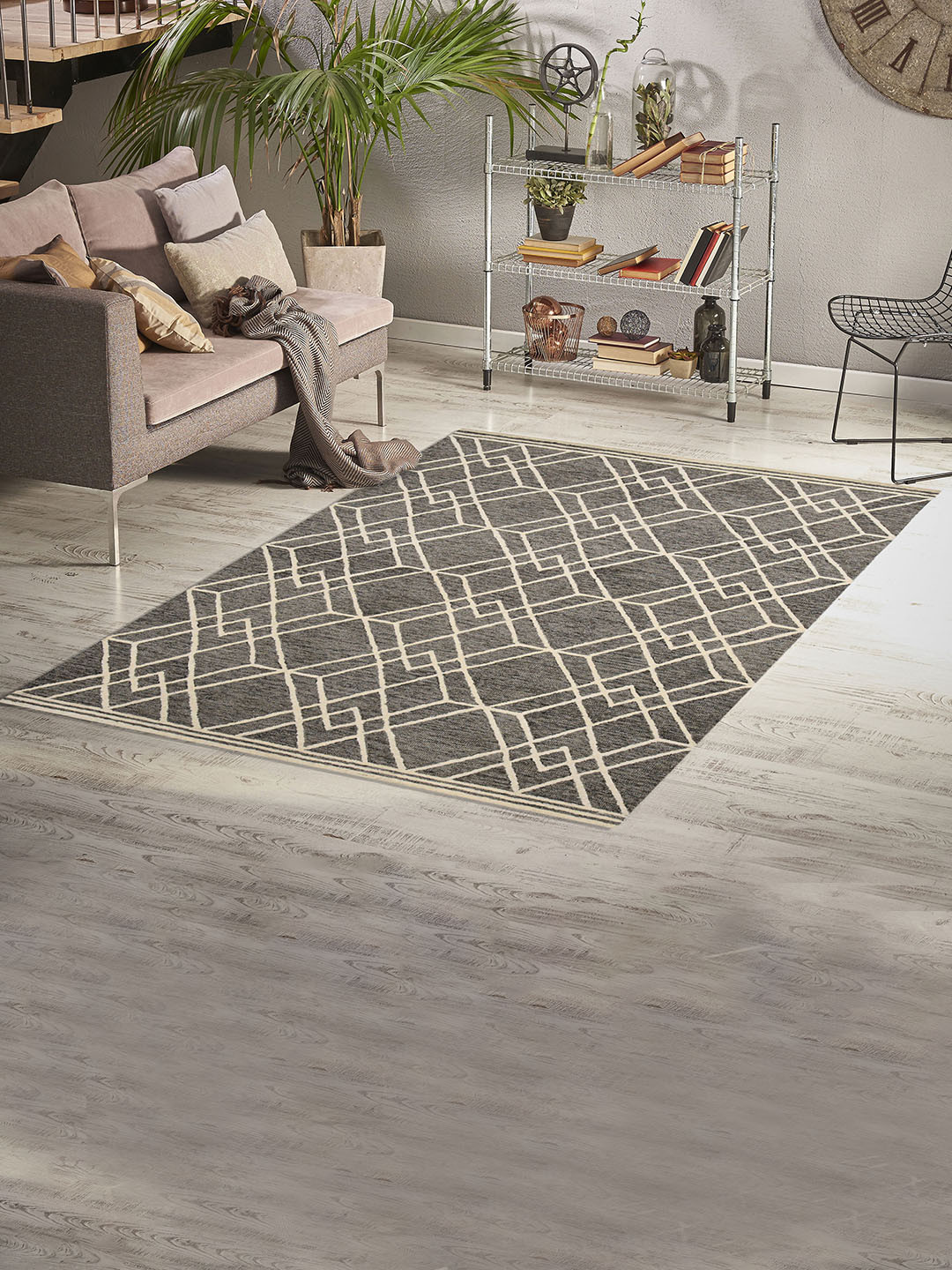 saraswatii global Vista Khaki & Beige Geometric Printed Woolen Hand-Tufted Carpet