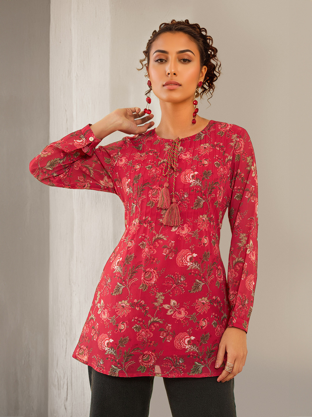 Soch Floral Printed Tie-Up Neck Crepe Tunic
