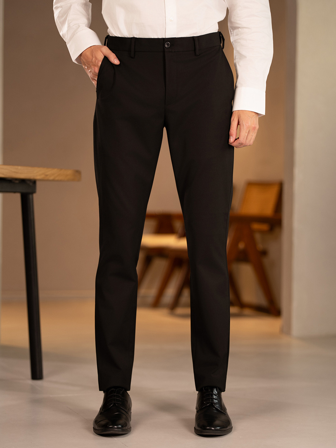 The Pant Project Men Black All Weather Slim Fit Water-Repellant Formal Trousers with Stretchable Waistband