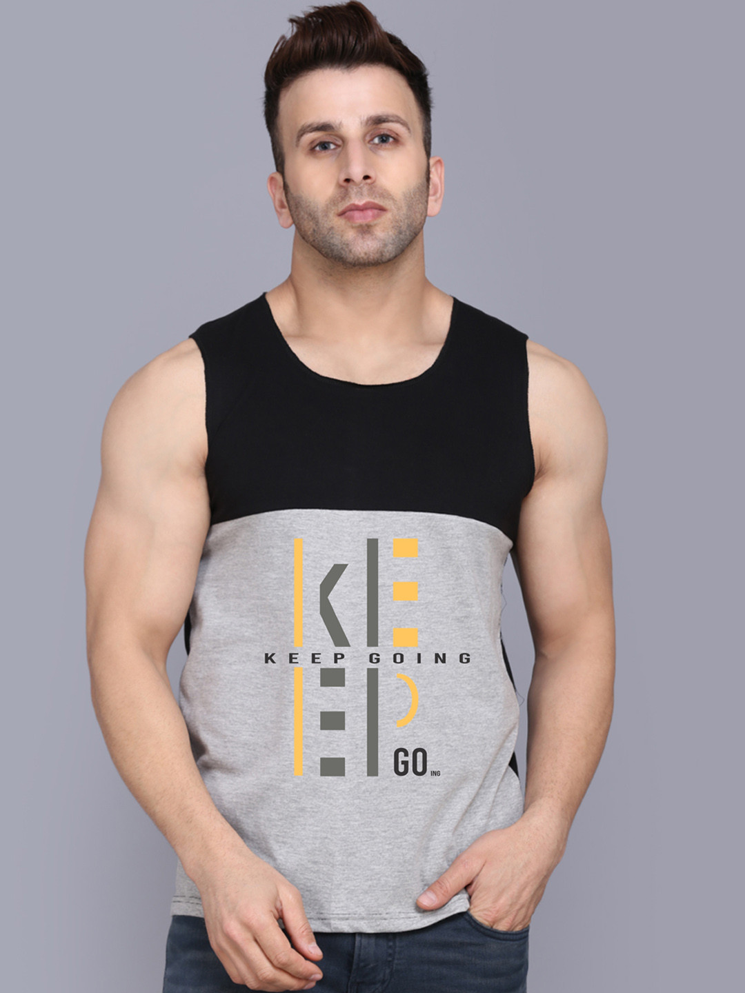 SLOWLORIS Printed Biowash Basic Innerwear Vests SL26 KEEP BLACKGREY