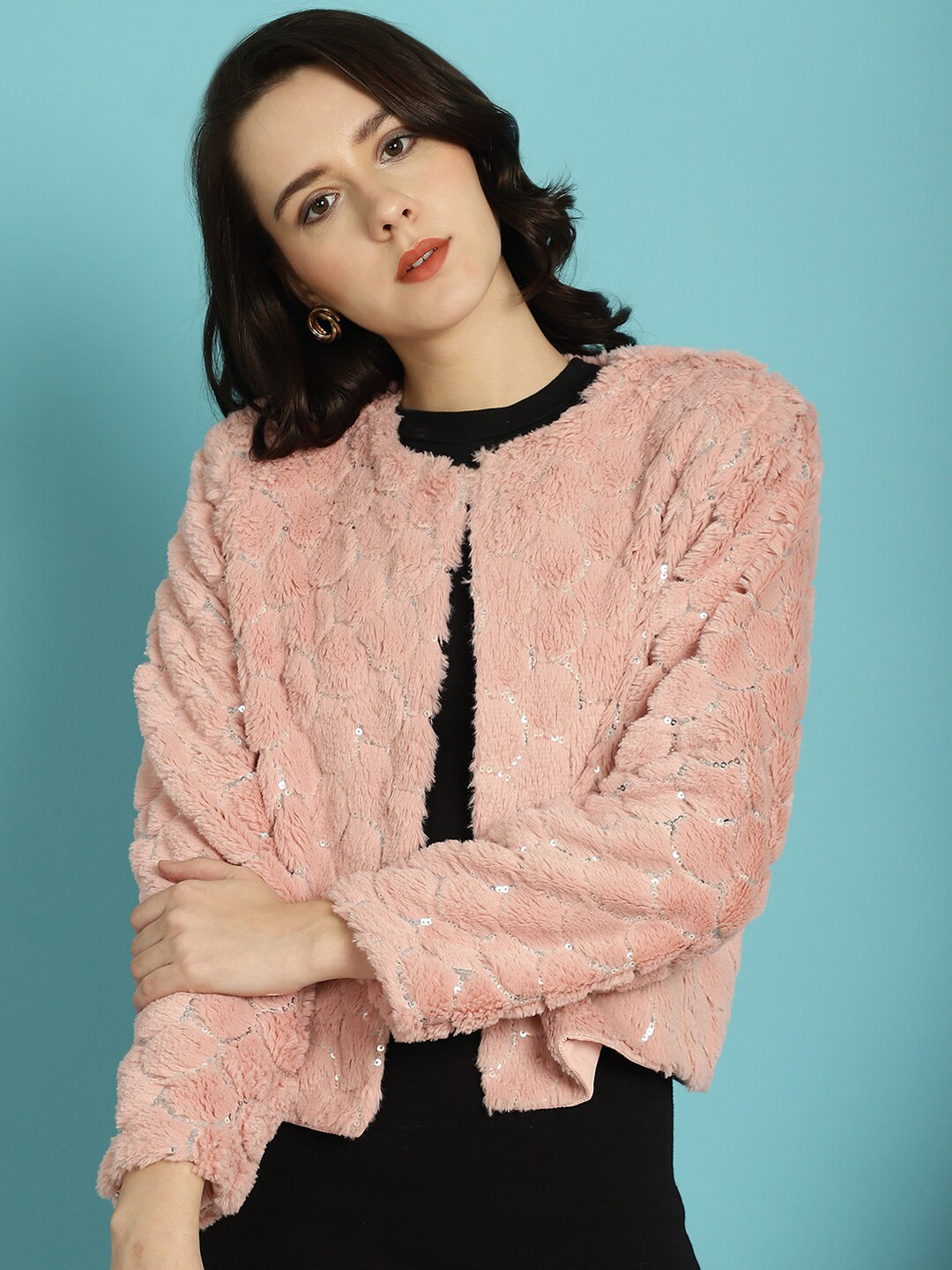 BLANC9 Floral Self Design Lightweight Crop Bomber Jacket