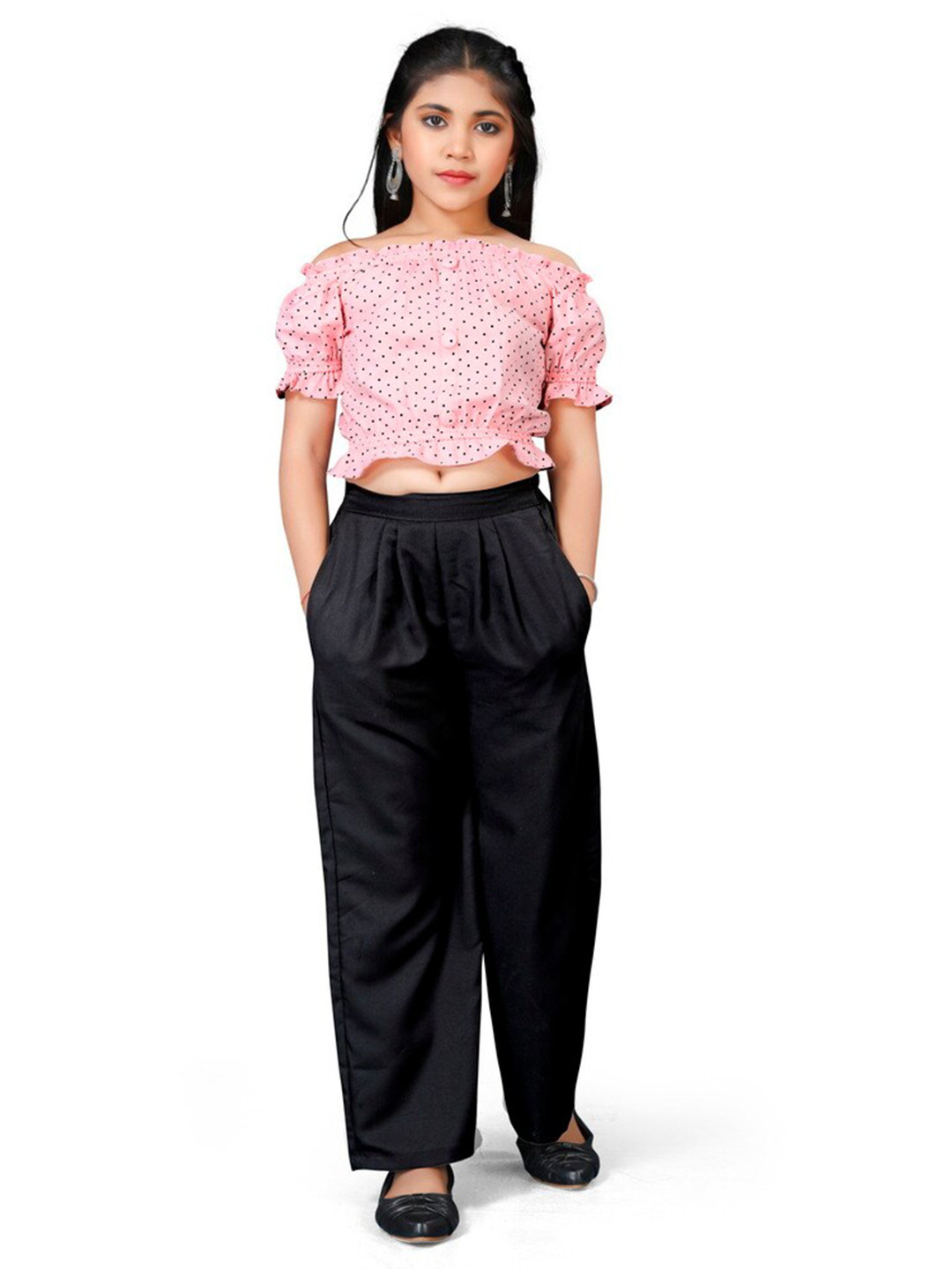 BAESD Girls Polka Dots Printed Off-Shoulder Crop Top With Palazzo