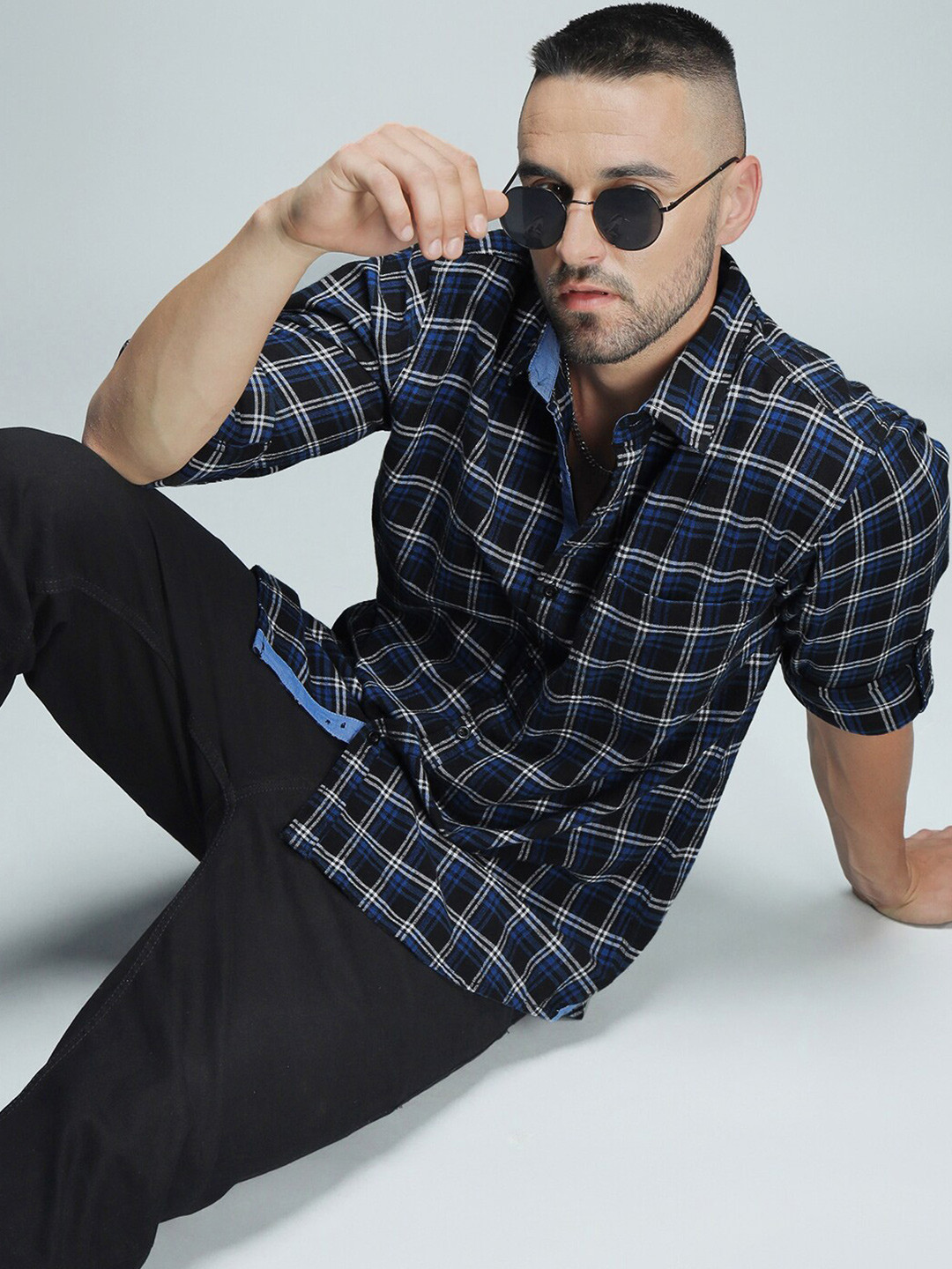 High Star Standard Checked Cotton Spread Collar Curved Casual Shirt