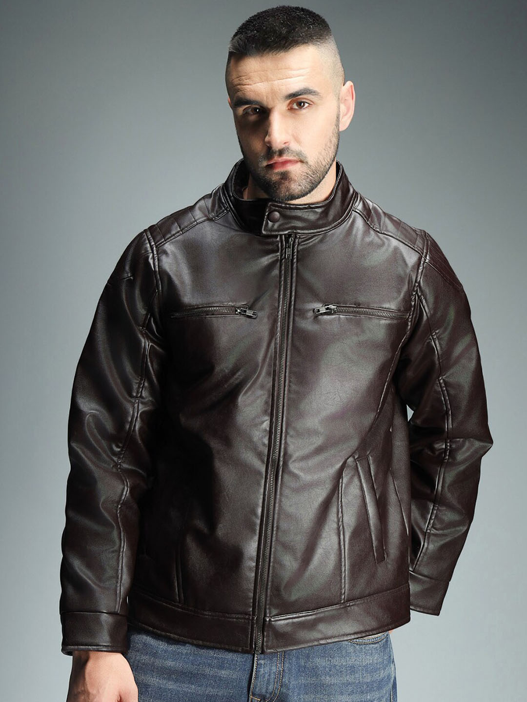 High Star Band Collar Biker Jacket