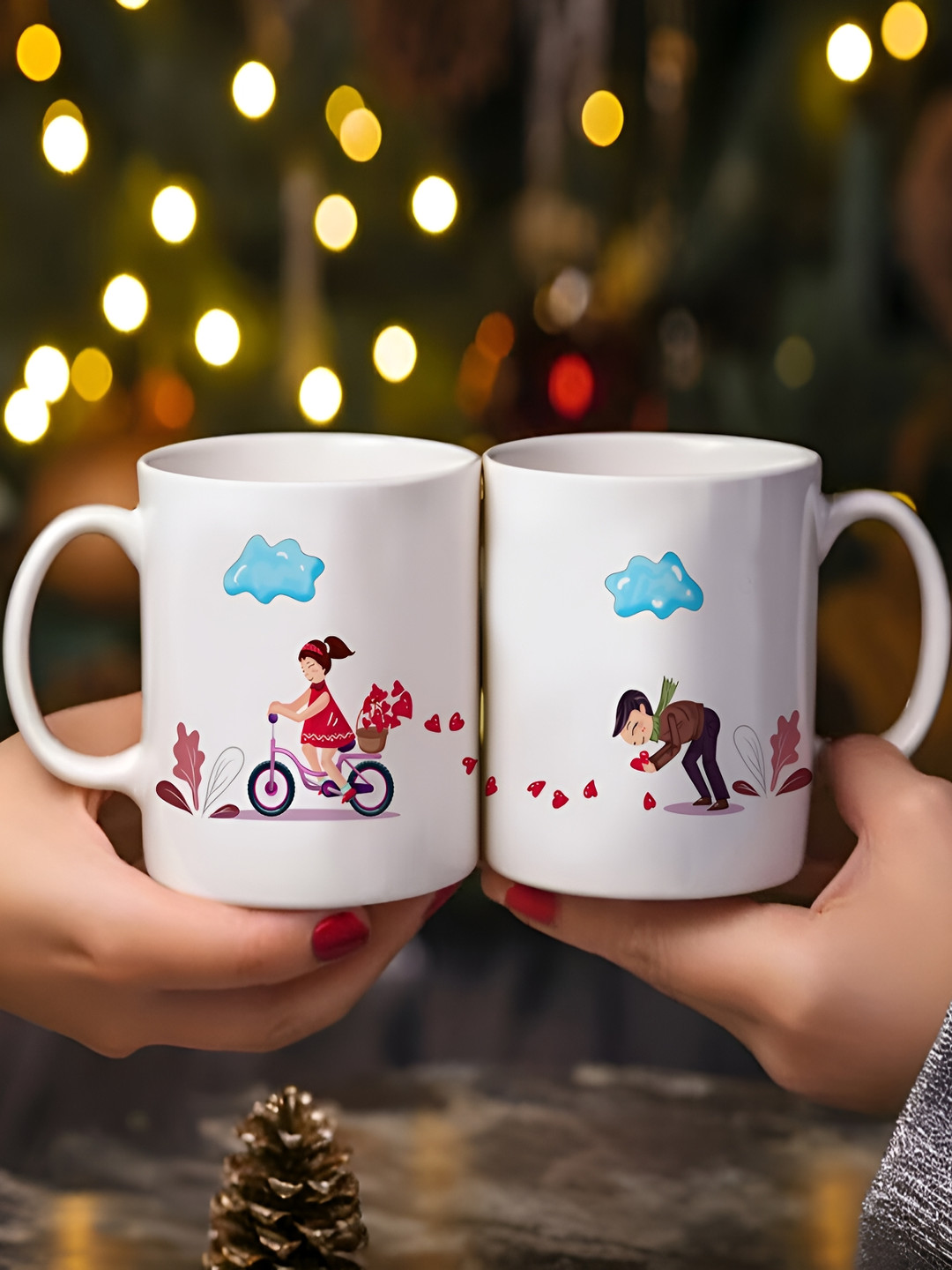 Phirki Studio Nargis White Conversational Ceramic Microwave Safe 2 Piece Mugs-325ml