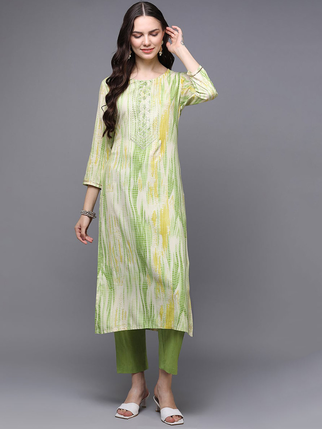 KALINI Abstract Printed Embroidered Yoke Design Straight Kurta