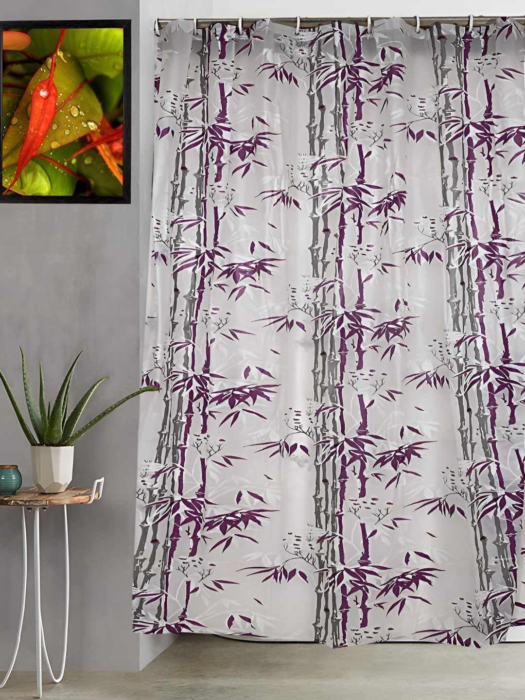 CASA-NEST Purple & White 9 Pieces Printed Floral Bamboo Shower Curtains With Hooks