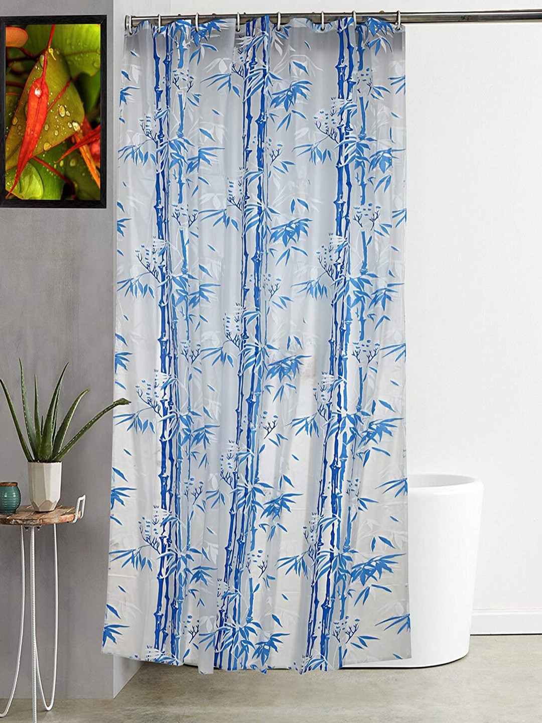 CASA-NEST Blue & White 9 Pieces Floral Bamboo Printed Shower Curtains With Hooks