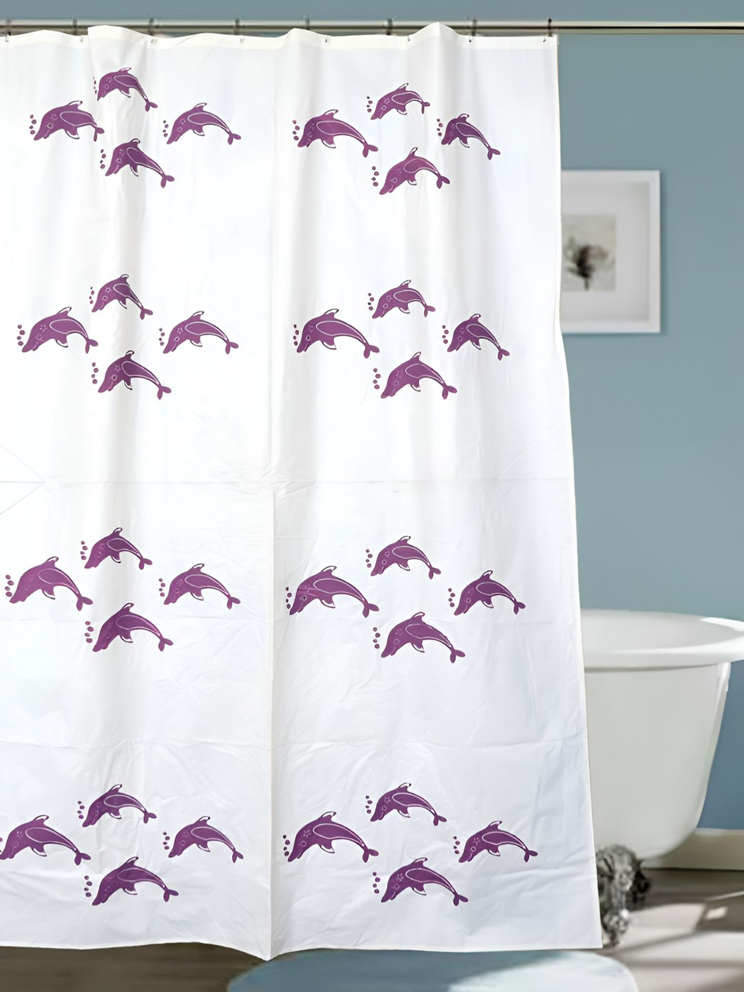 CASA-NEST White & Purple Dolphin Printed Waterproof Shower Curtain