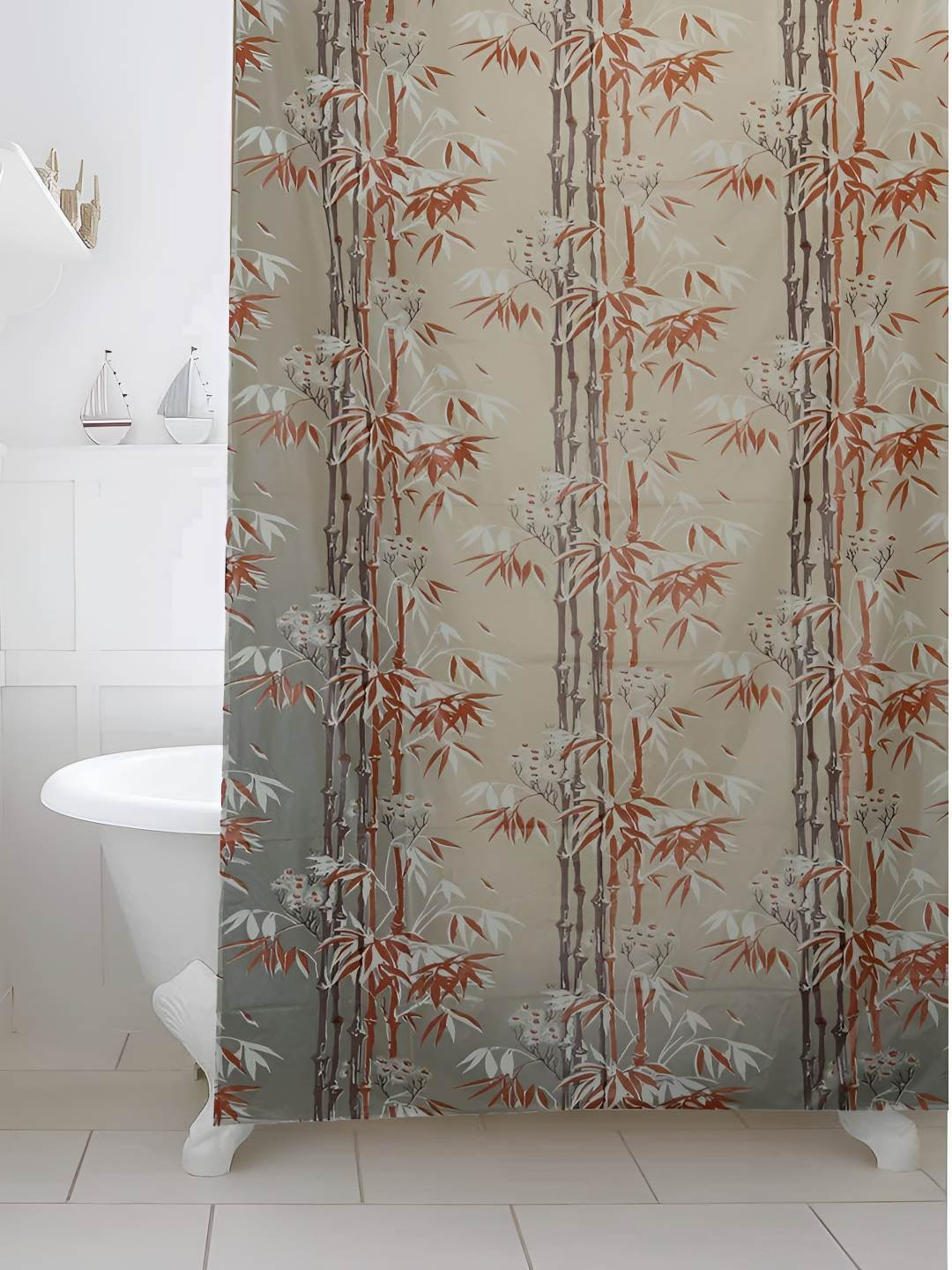 CASA-NEST Green & Brown 9 Pieces Floral Waterproof Shower Curtain & Hooks