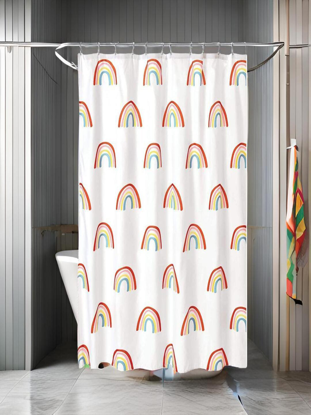 CASA-NEST White & Red Rainbow Printed Waterproof Shower Curtain