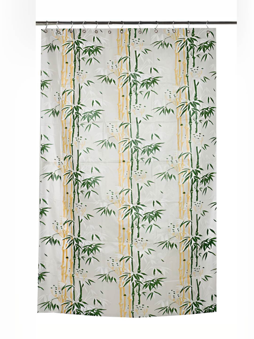 CASA-NEST Green & White 9 Pieces Floral Bamboo Printed Shower Curtain With Hooks