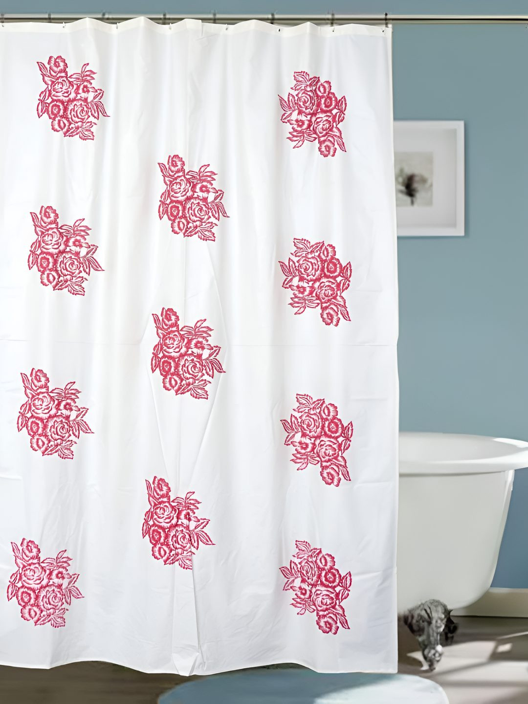 CASA-NEST White & Red Floral Printed Waterproof Shower Curtain