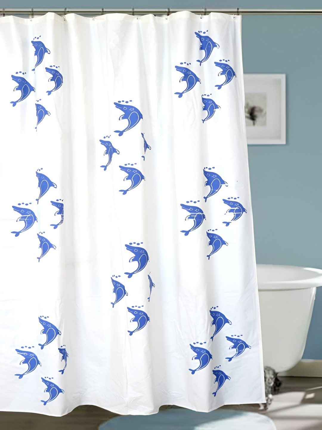 CASA-NEST White & Blue Dolphin Printed Waterproof Shower Curtain