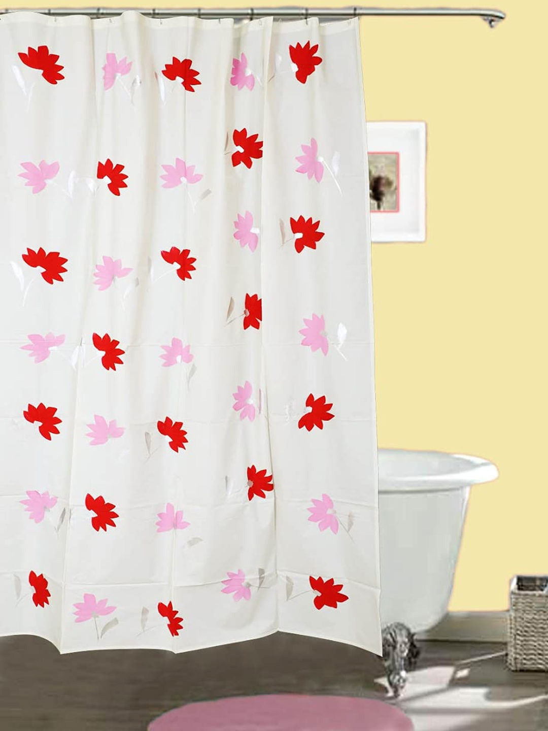 CASA-NEST White & Pink Floral Printed Waterproof Shower Curtain