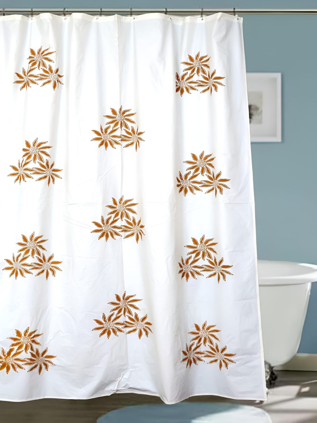 CASA-NEST White & Brown Floral Printed Waterproof Shower Curtain