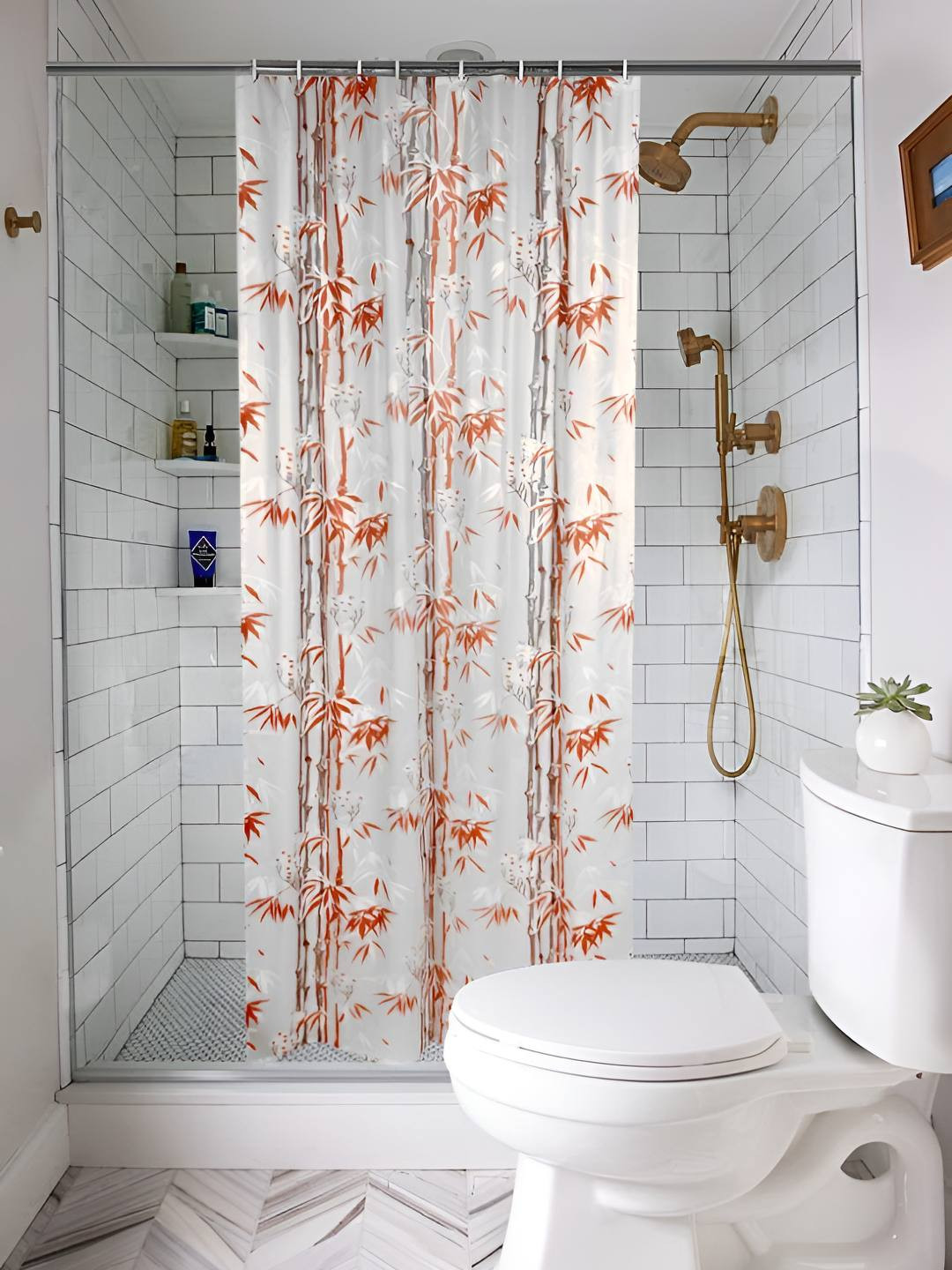CASA-NEST Orange & White 9 Pieces Floral Bamboo Printed Shower Curtain With Hooks